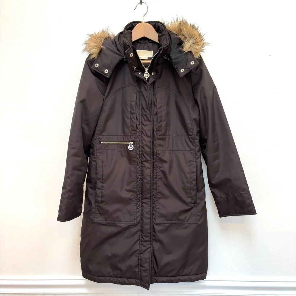 Michael Kors Zip Front Mid Length Parka Coat Removeable Hood Chocolate Brown S